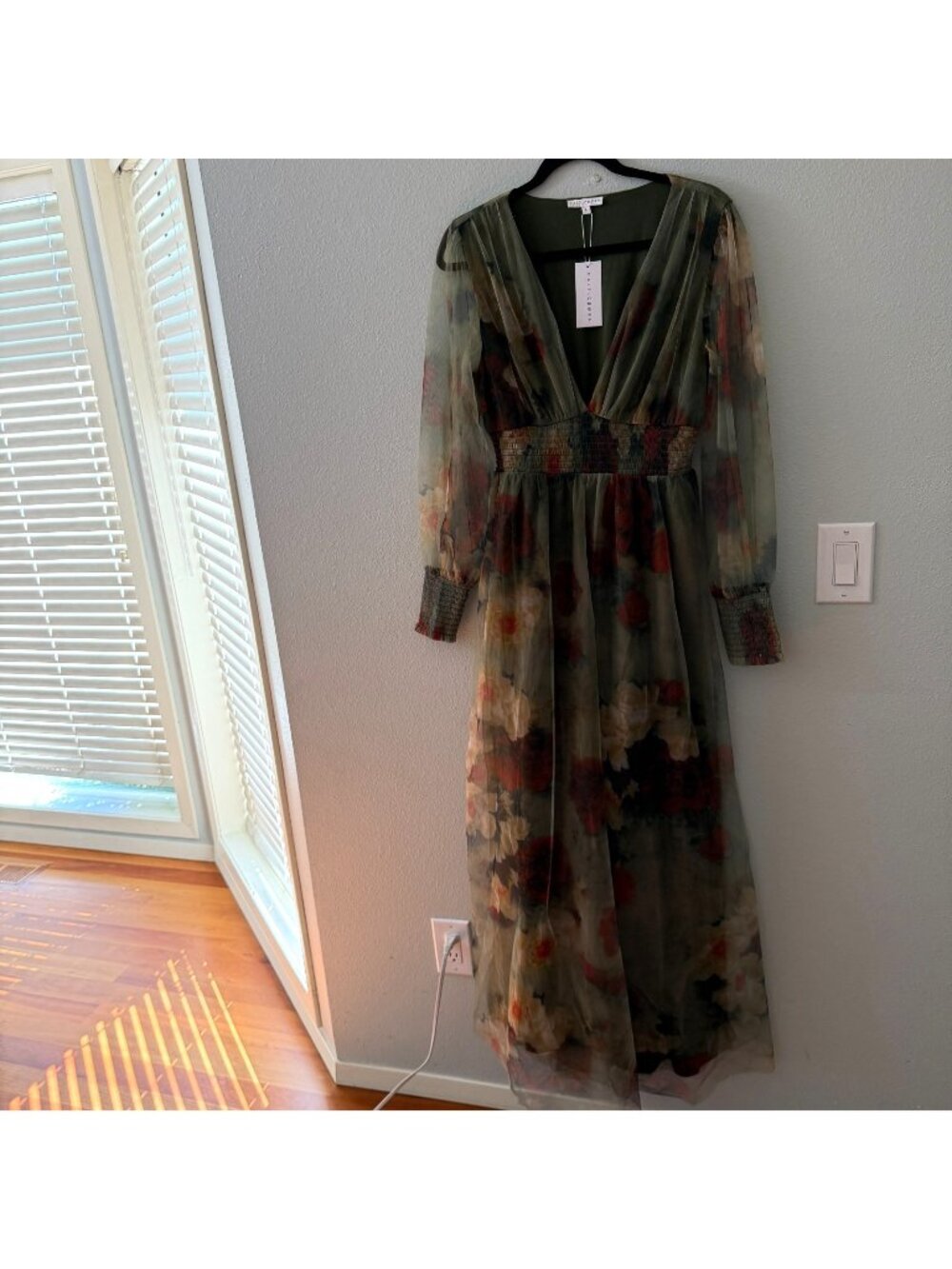 NWT Baltic Born Layla Tulle Maxi Dress Gown Womens LARGE Olive Rust Long Sleeve